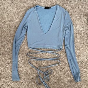 PLT blue long sleeve crop top with wrap ties